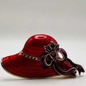 Vintage Red Enamel Hat Brooch w/ Ribbon & Rhinestones Gold Tone